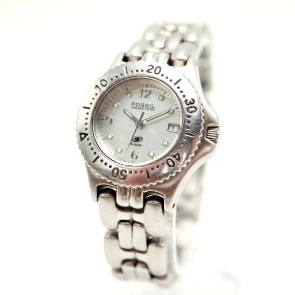 Fossil Womens Silver Tone Diver Date 28mm Watch Steel AM3186 w New Battery - Picture 1 of 12